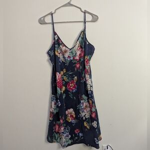 Johnny Was XL 100% Silk Caitlyn Slip Dress In Navy Floral V Neck